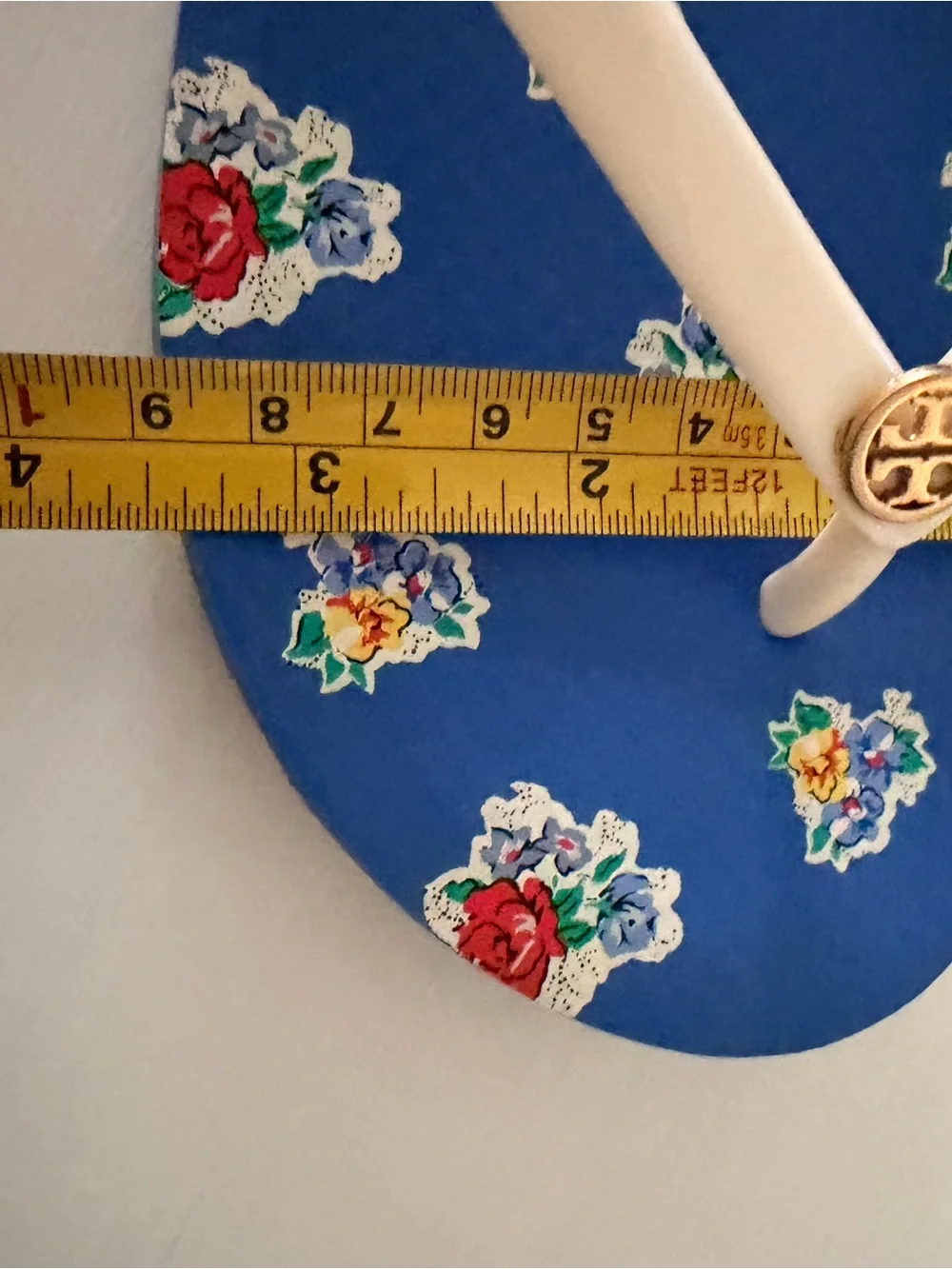 Tory Burch Blue Floral Flip Flops with Cream Straps and Gold Logo